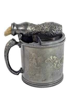 Antique Silverplate Shaving Mug with Brush Victorian Barberiana Christmas 1893